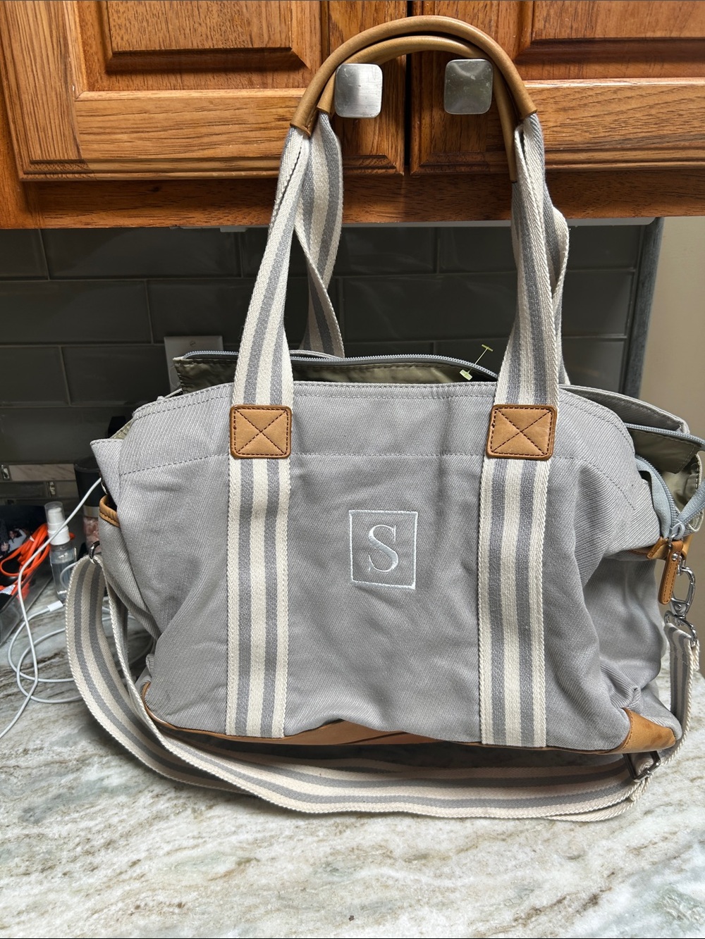 Pottery Barn Diaper Bag Grey S Monogram Kids Baby Duffle Tote Leather Classic.